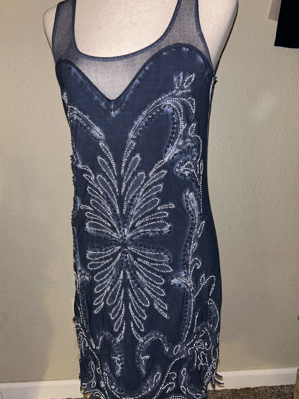 Free People Navy Blue Beaded Boho Mesh Mini Dress
